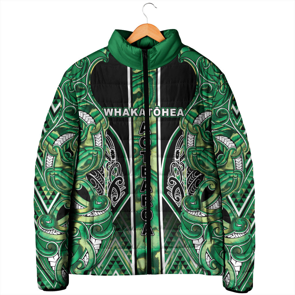 Aotearoa Whakatohea Padded Jacket Maori Tribal Green Abalone Paua Shell Pattern DT05 - Polynesian Pride