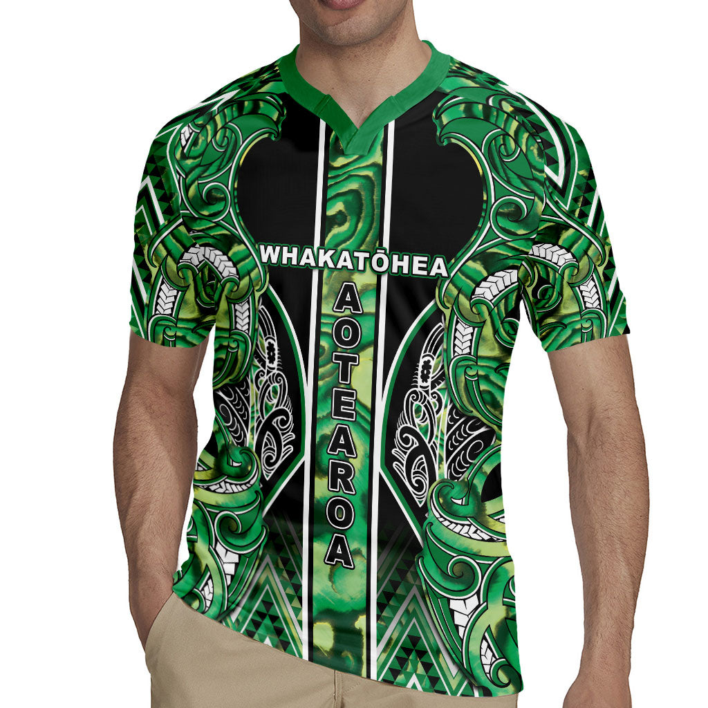 Aotearoa Whakatohea Rugby Jersey Maori Tribal Green Abalone Paua Shell Pattern DT05 - Polynesian Pride