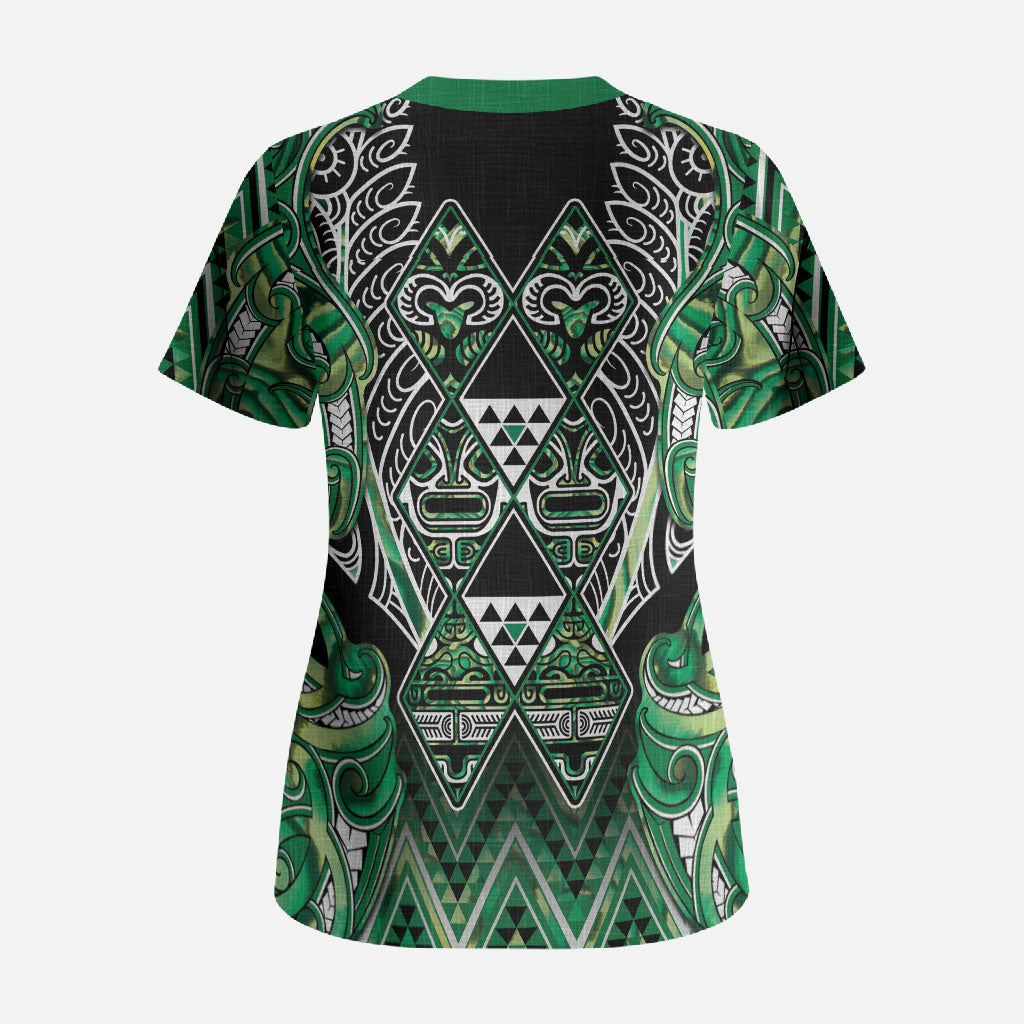Aotearoa Whakatohea Scrub Top Maori Tribal Green Abalone Paua Shell Pattern DT05 - Polynesian Pride