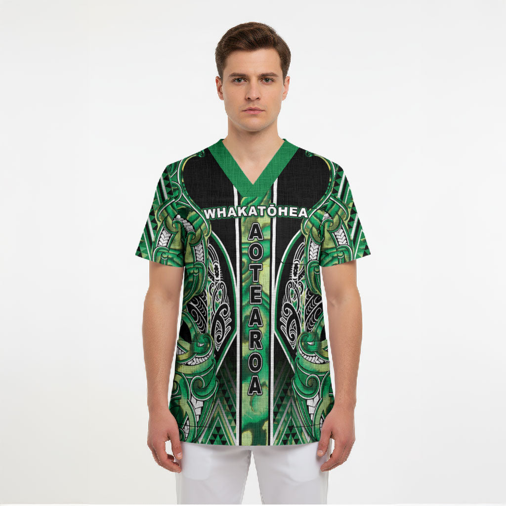 Aotearoa Whakatohea Scrub Top Maori Tribal Green Abalone Paua Shell Pattern DT05 - Polynesian Pride