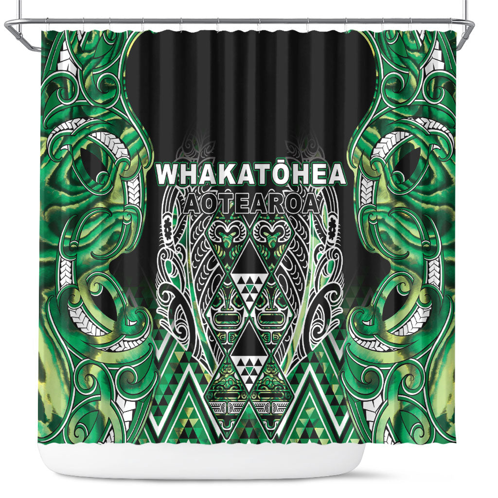Aotearoa Whakatohea Shower Curtain Maori Tribal Green Abalone Paua Shell Pattern