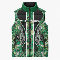 Aotearoa Whakatohea Sleeveless Puffer Jacket Maori Tribal Green Abalone Paua Shell Pattern DT05 Unisex Green - Polynesian Pride