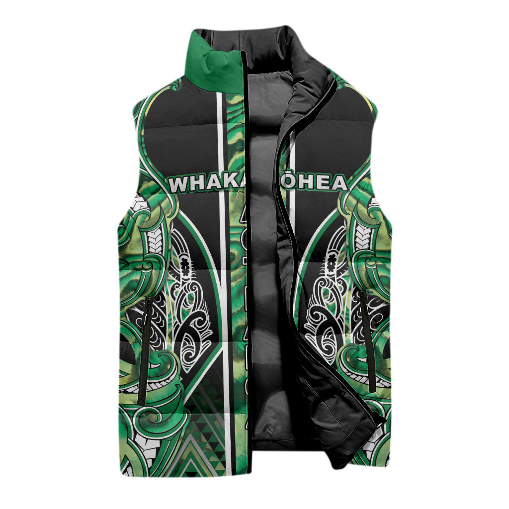 Aotearoa Whakatohea Sleeveless Puffer Jacket Maori Tribal Green Abalone Paua Shell Pattern DT05 - Polynesian Pride