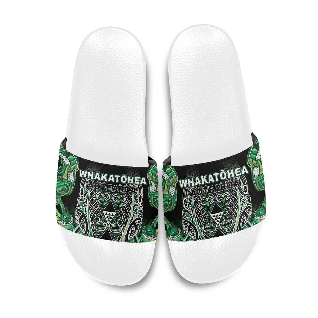 Aotearoa Whakatohea Slide Sandals Maori Tribal Green Abalone Paua Shell Pattern DT05 Green - Polynesian Pride