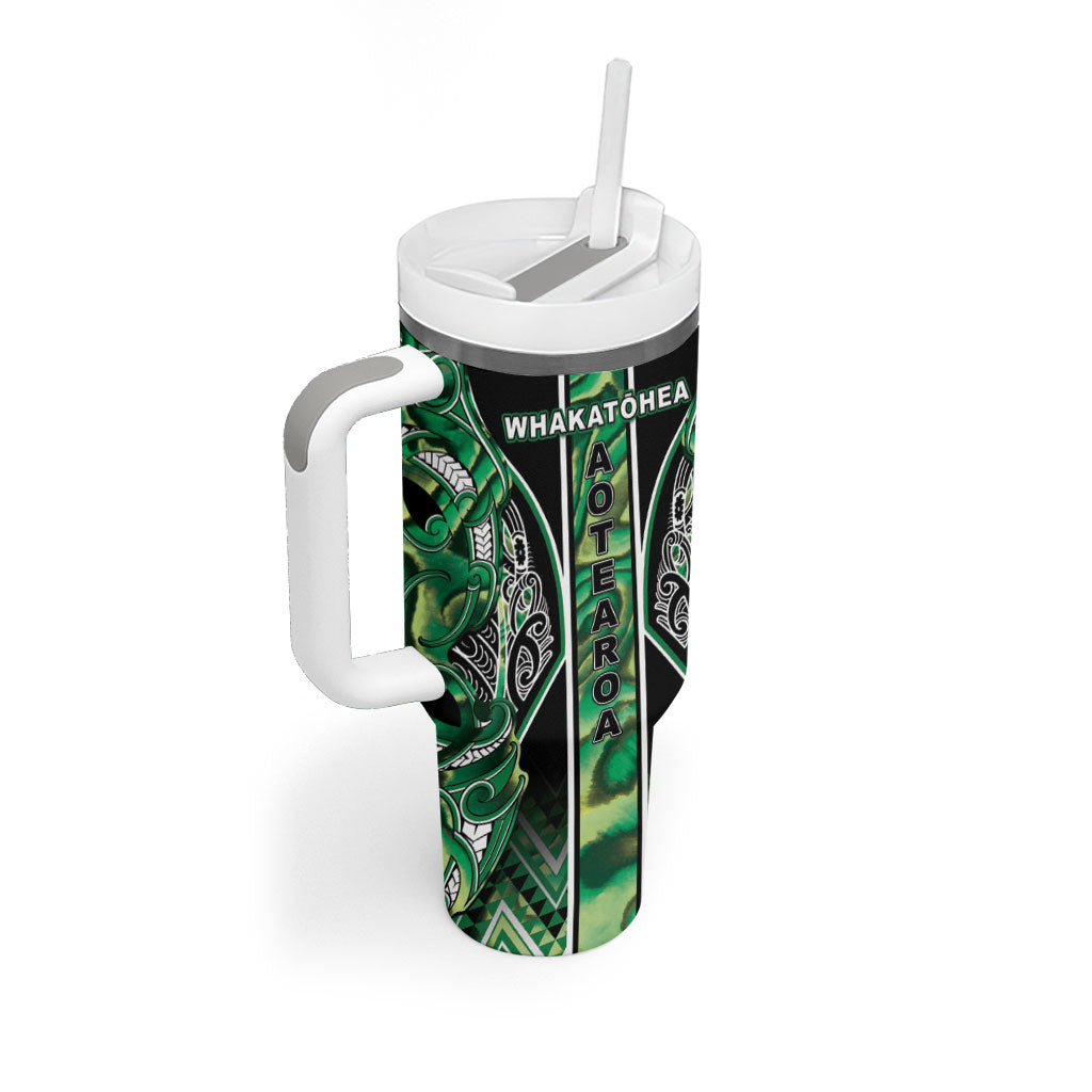 Aotearoa Whakatohea Tumbler With Handle Maori Tribal Green Abalone Paua Shell Pattern DT05 - Polynesian Pride