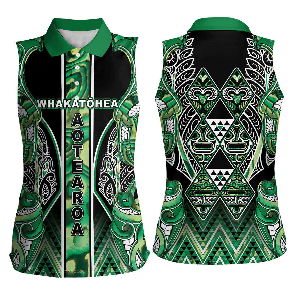 Aotearoa Whakatohea Women Sleeveless Polo Shirt Maori Tribal Green Abalone Paua Shell Pattern DT05 - Polynesian Pride