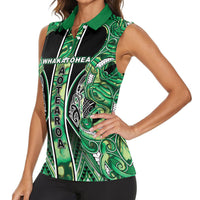Aotearoa Whakatohea Women Sleeveless Polo Shirt Maori Tribal Green Abalone Paua Shell Pattern DT05 - Polynesian Pride