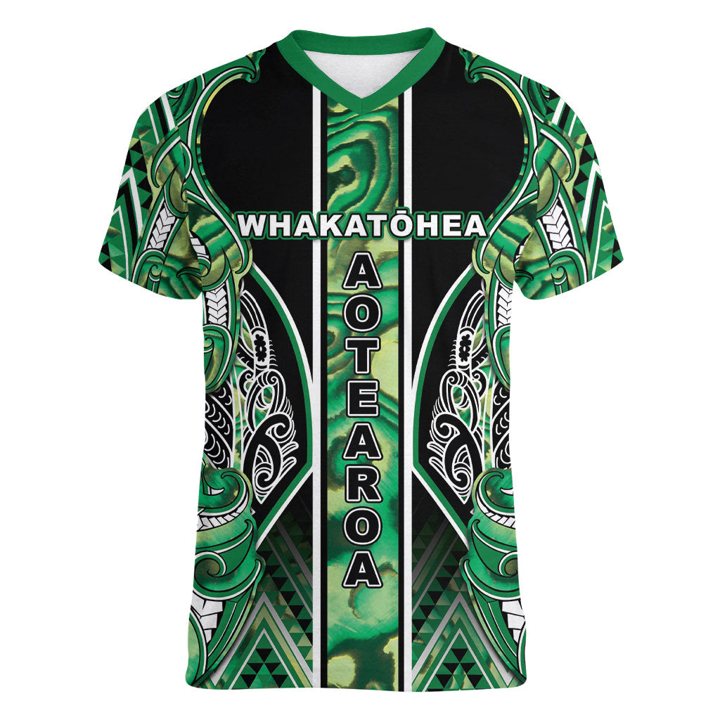 Aotearoa Whakatohea Women V-Neck T-Shirt Maori Tribal Green Abalone Paua Shell Pattern