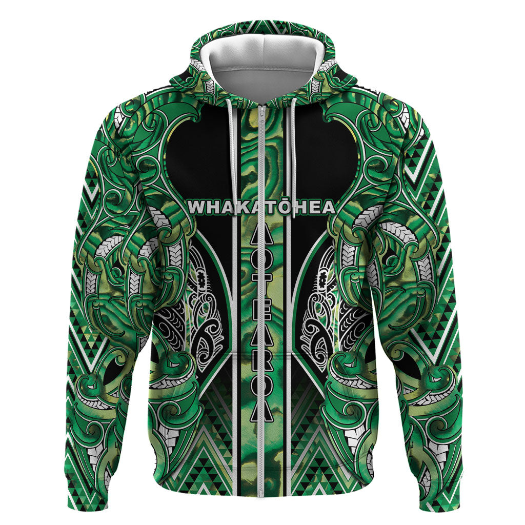 Aotearoa Whakatohea Zip Hoodie Maori Tribal Green Abalone Paua Shell Pattern
