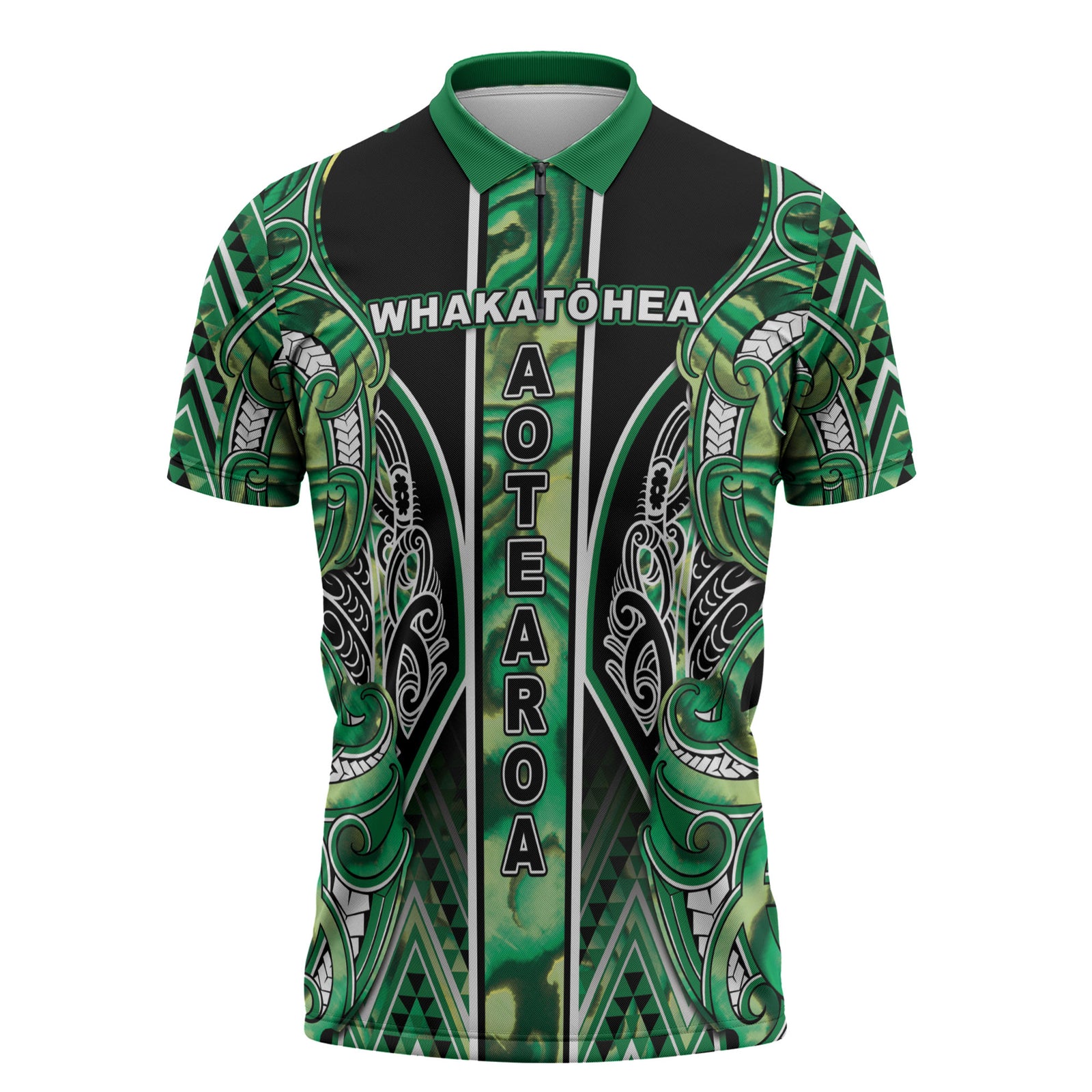 Aotearoa Whakatohea Zipper Polo Shirt Maori Tribal Green Abalone Paua Shell Pattern DT05 Green - Polynesian Pride