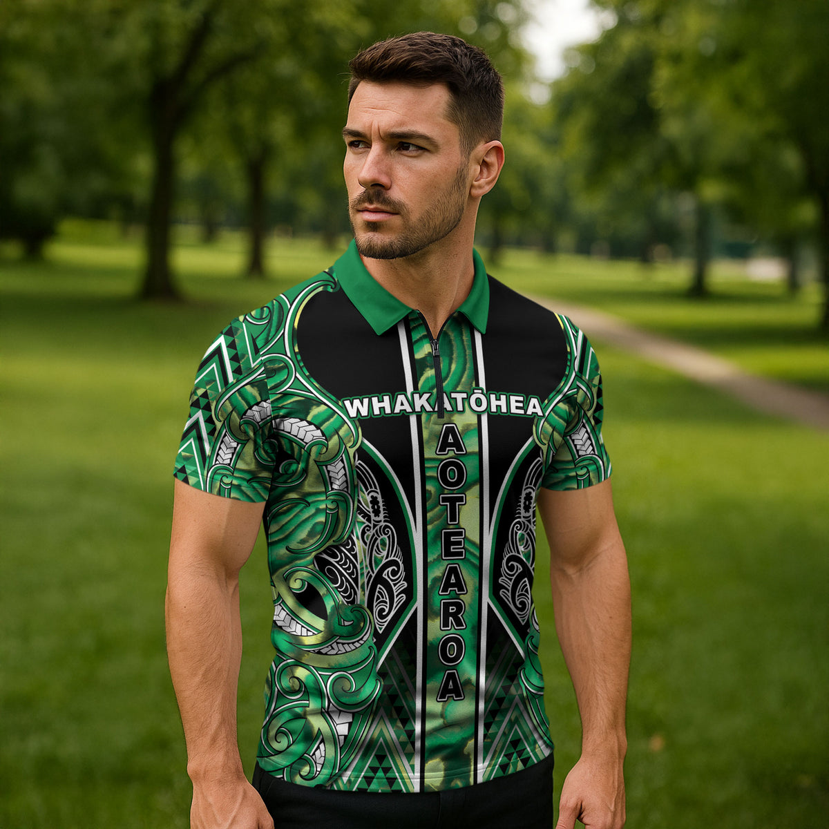 Aotearoa Whakatohea Zipper Polo Shirt Maori Tribal Green Abalone Paua Shell Pattern DT05 - Polynesian Pride