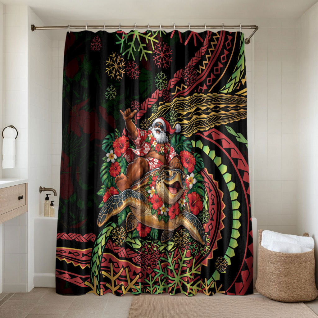 Hawaii Christmas Bathroom Set Aloha Santa Riding Honu DT05 Shower Curtain Only Black - Polynesian Pride