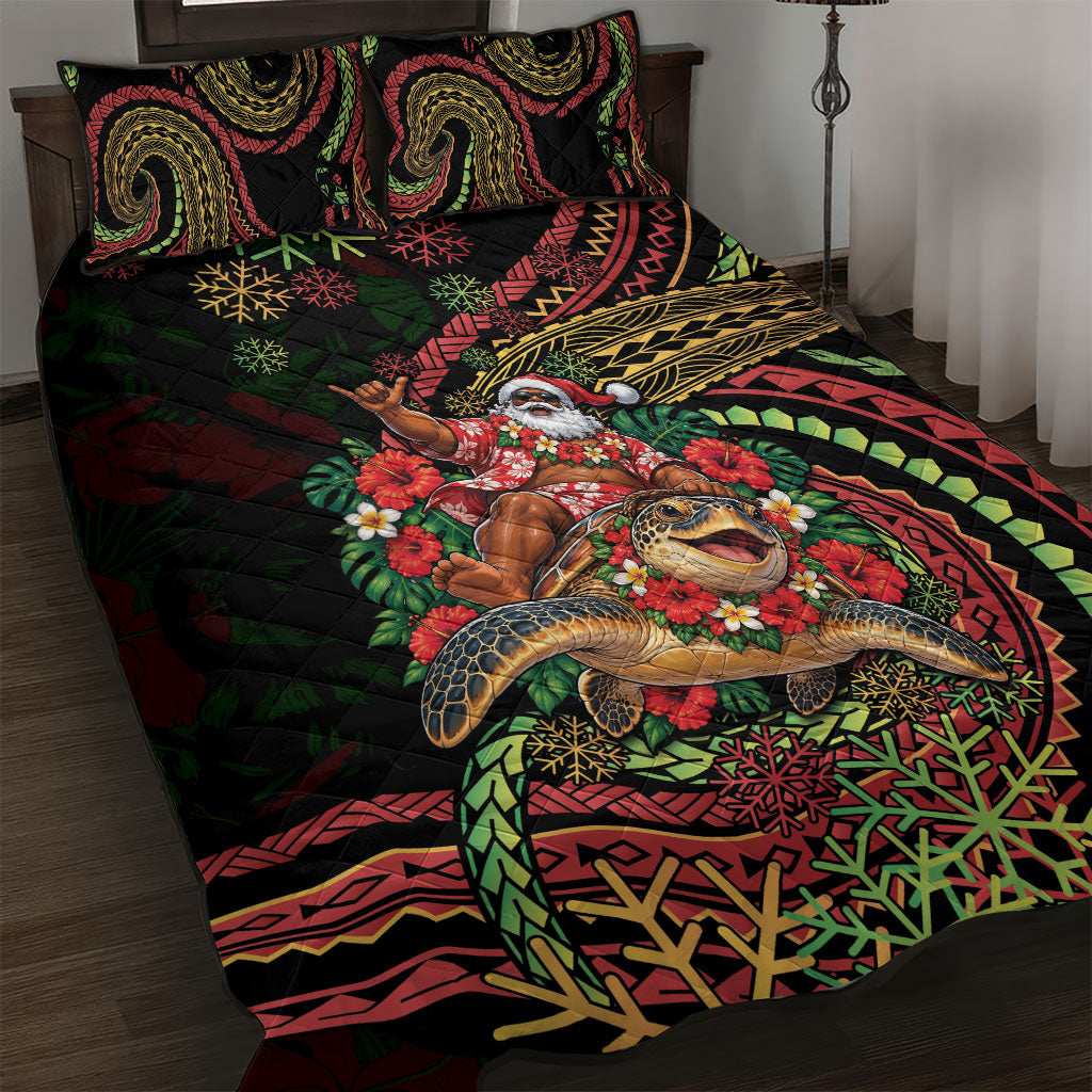 Hawaii Christmas Quilt Bed Set Aloha Santa Riding Honu