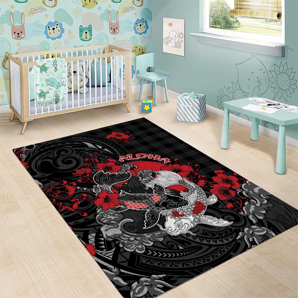 Hawaiian And Japanese Area Rug Aloha Koi Fish Palaka Patterns - Polynesian Pride