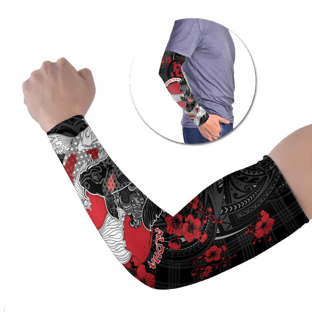 Personalised Hawaiian And Japanese Arm Sleeves Aloha Koi Fish Palaka Patterns DT05 Set of 2 Black - Polynesian Pride