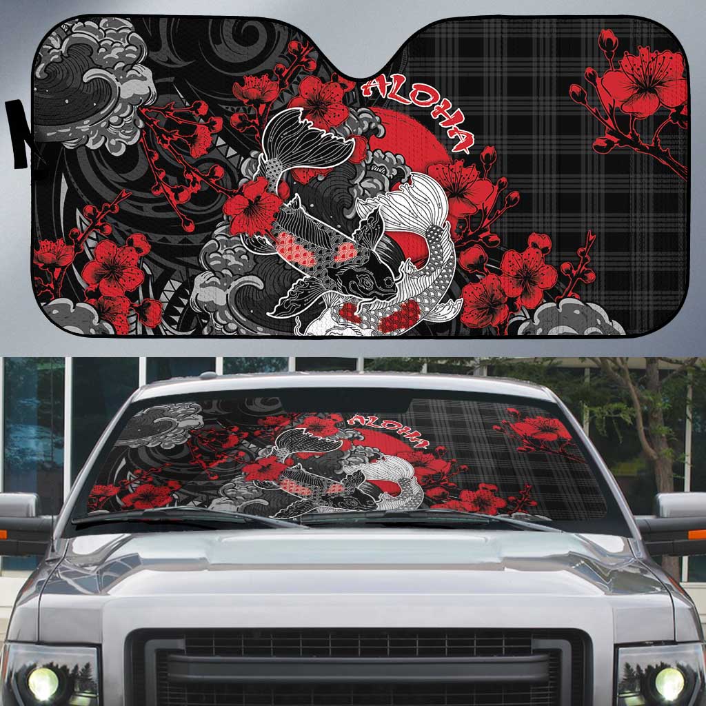 Hawaiian And Japanese Auto Sun Shade Aloha Koi Fish Palaka Patterns DT05 Black - Polynesian Pride