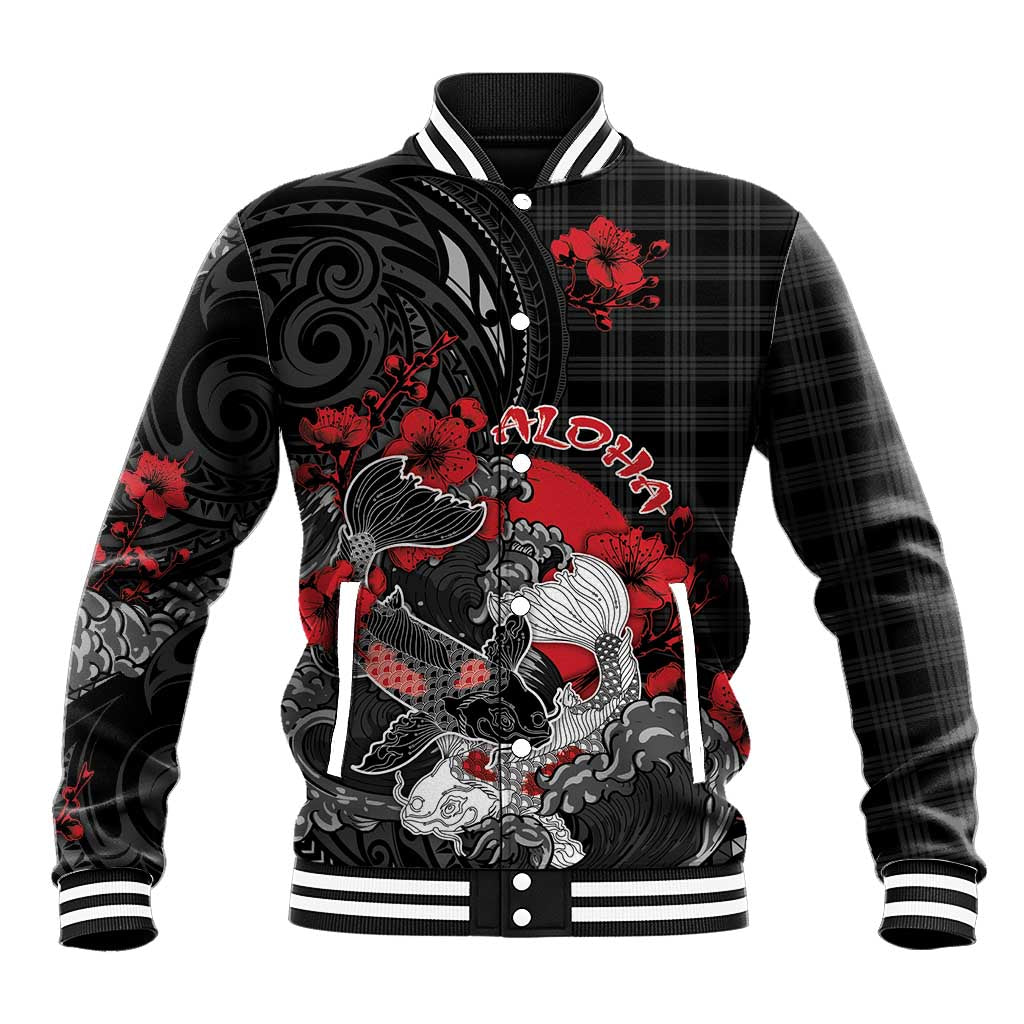 Personalised Hawaiian And Japanese Baseball Jacket Aloha Koi Fish Palaka Patterns DT05 Unisex Black - Polynesian Pride