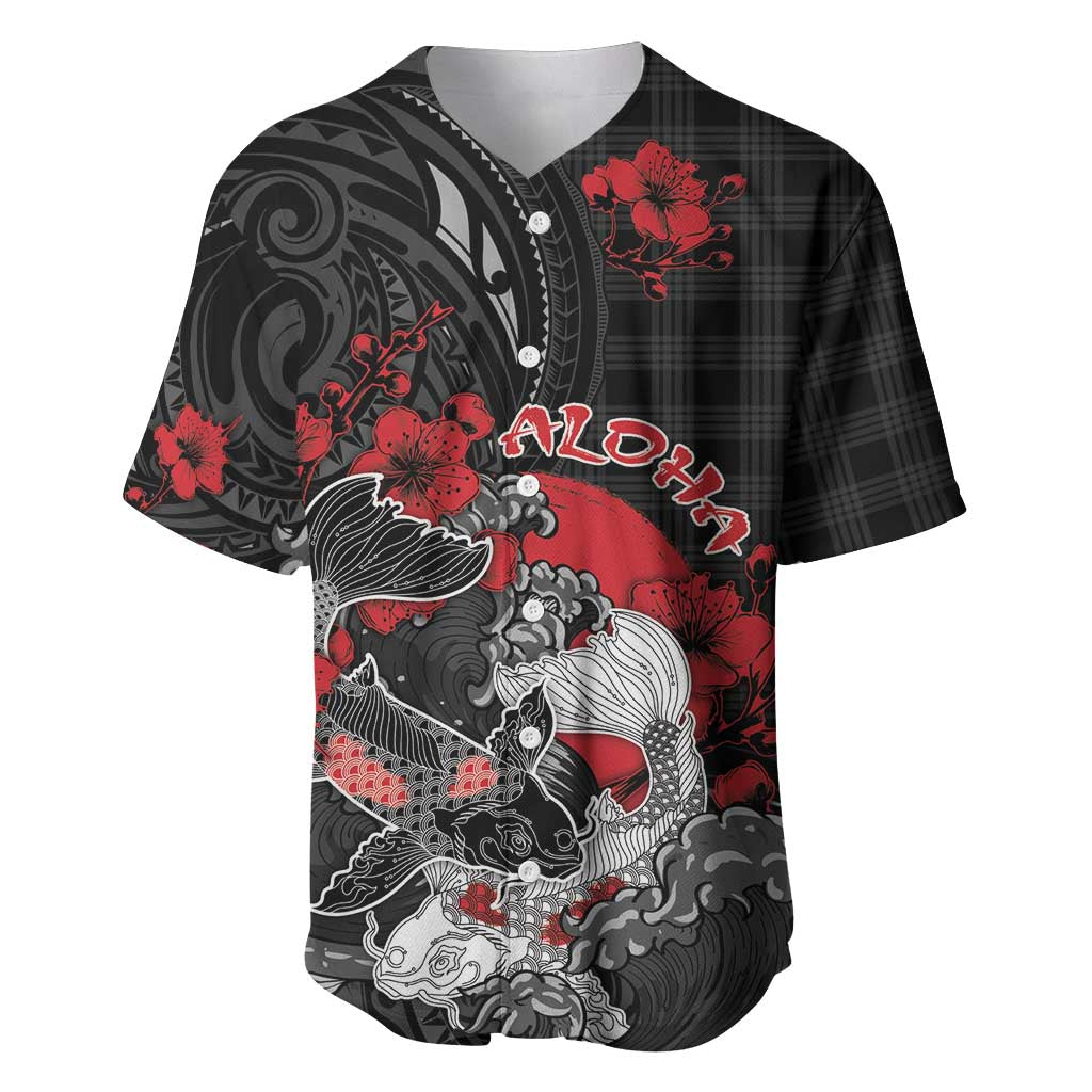 Personalised Hawaiian And Japanese Baseball Jersey Aloha Koi Fish Palaka Patterns DT05 Black - Polynesian Pride