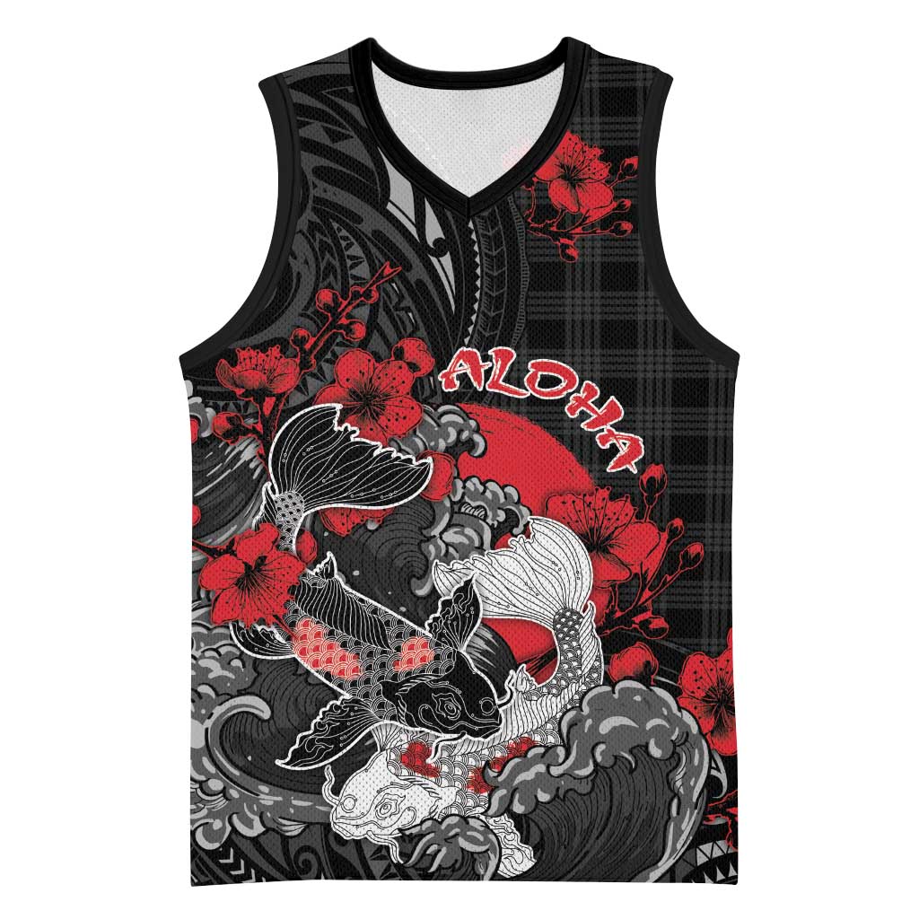Personalised Hawaiian And Japanese Basketball Jersey Aloha Koi Fish Palaka Patterns DT05 Unisex Black - Polynesian Pride