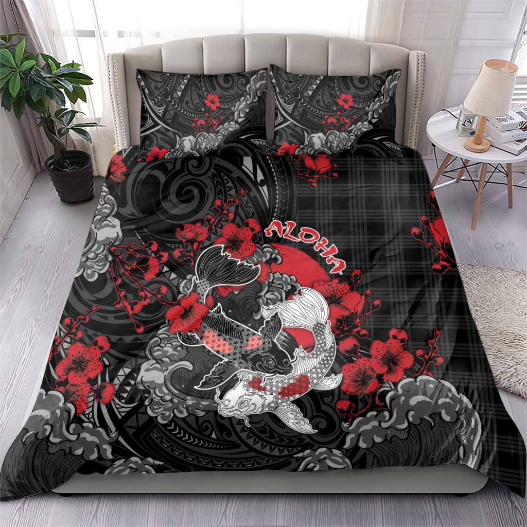Hawaiian And Japanese Bedding Set Aloha Koi Fish Palaka Patterns - Polynesian Pride