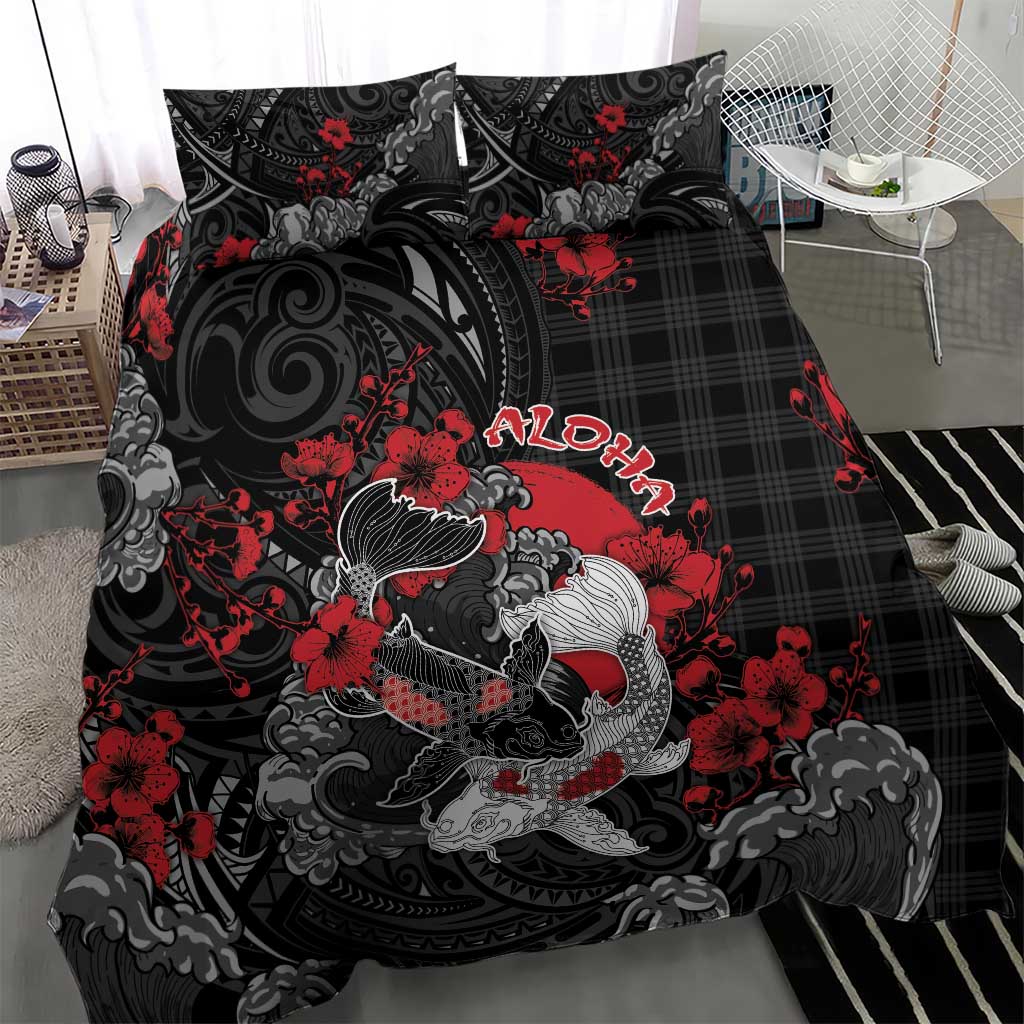 Hawaiian And Japanese Bedding Set Aloha Koi Fish Palaka Patterns - Polynesian Pride