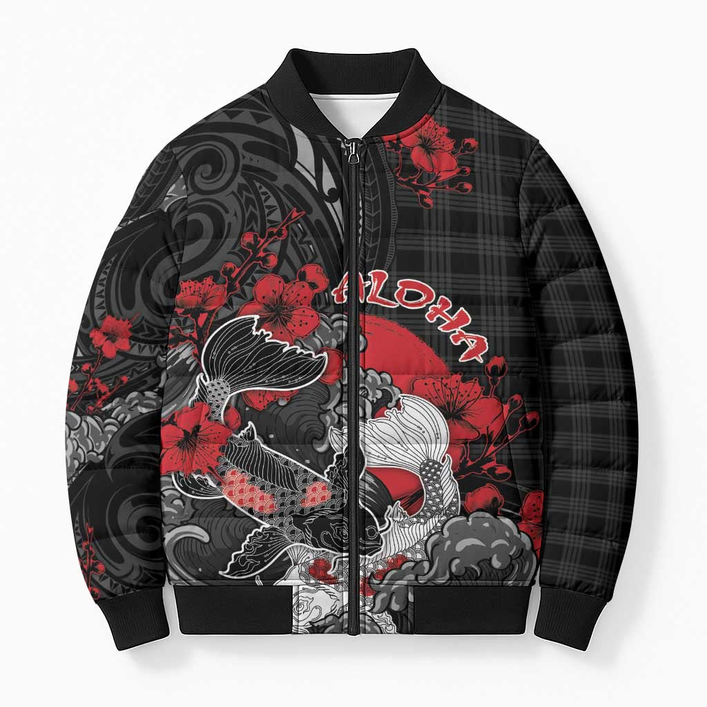 Personalised Hawaiian And Japanese Bomber Puffer Jacket Aloha Koi Fish Palaka Patterns DT05 Unisex Black - Polynesian Pride