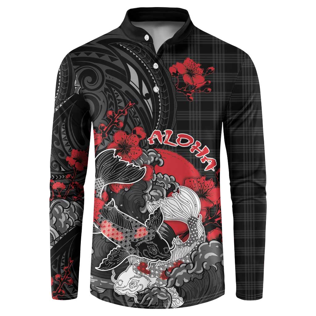 Personalised Hawaiian And Japanese Button Sweatshirt Aloha Koi Fish Palaka Patterns DT05 Black - Polynesian Pride