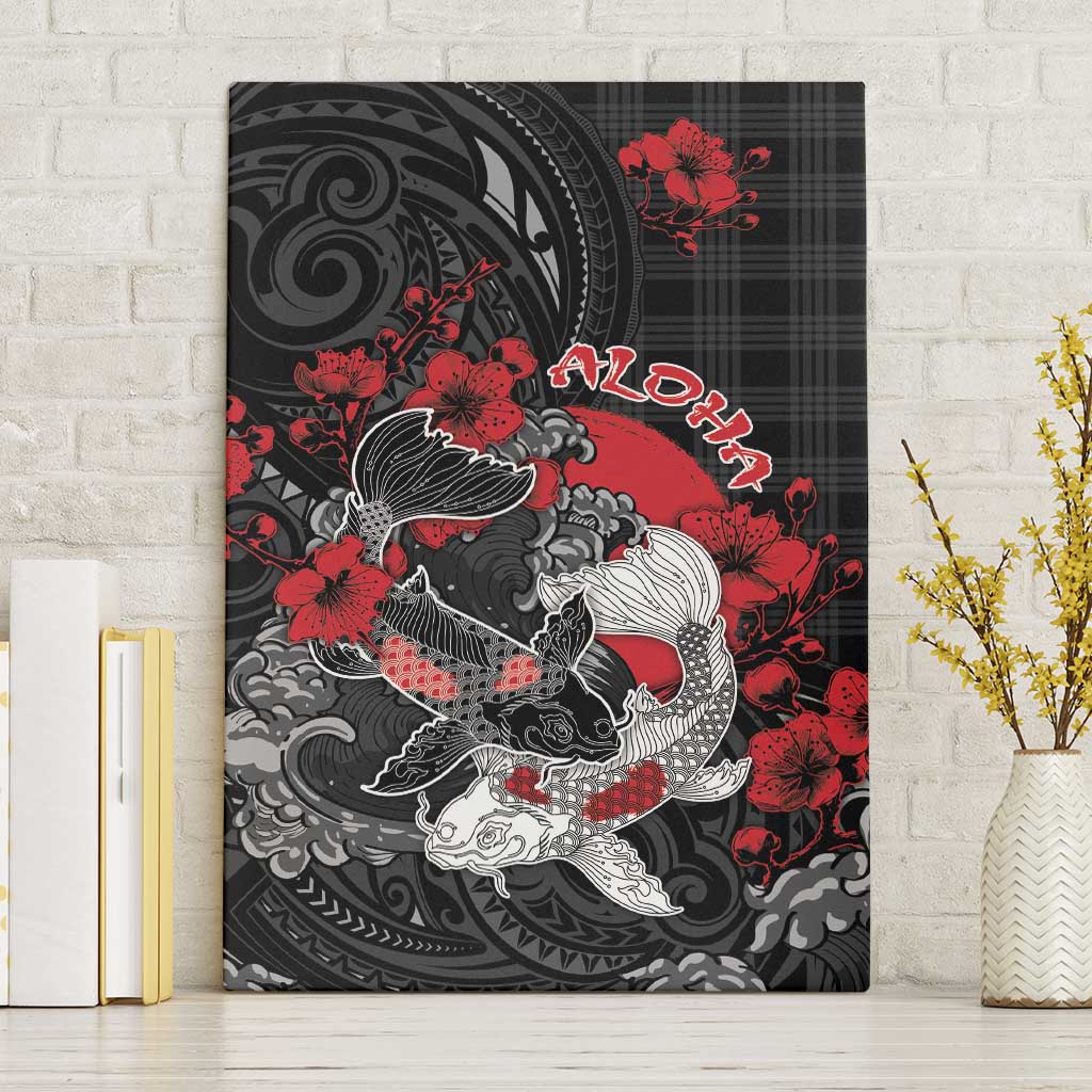 Hawaiian And Japanese Canvas Wall Art Aloha Koi Fish Palaka Patterns DT05 Without Frame Black - Polynesian Pride
