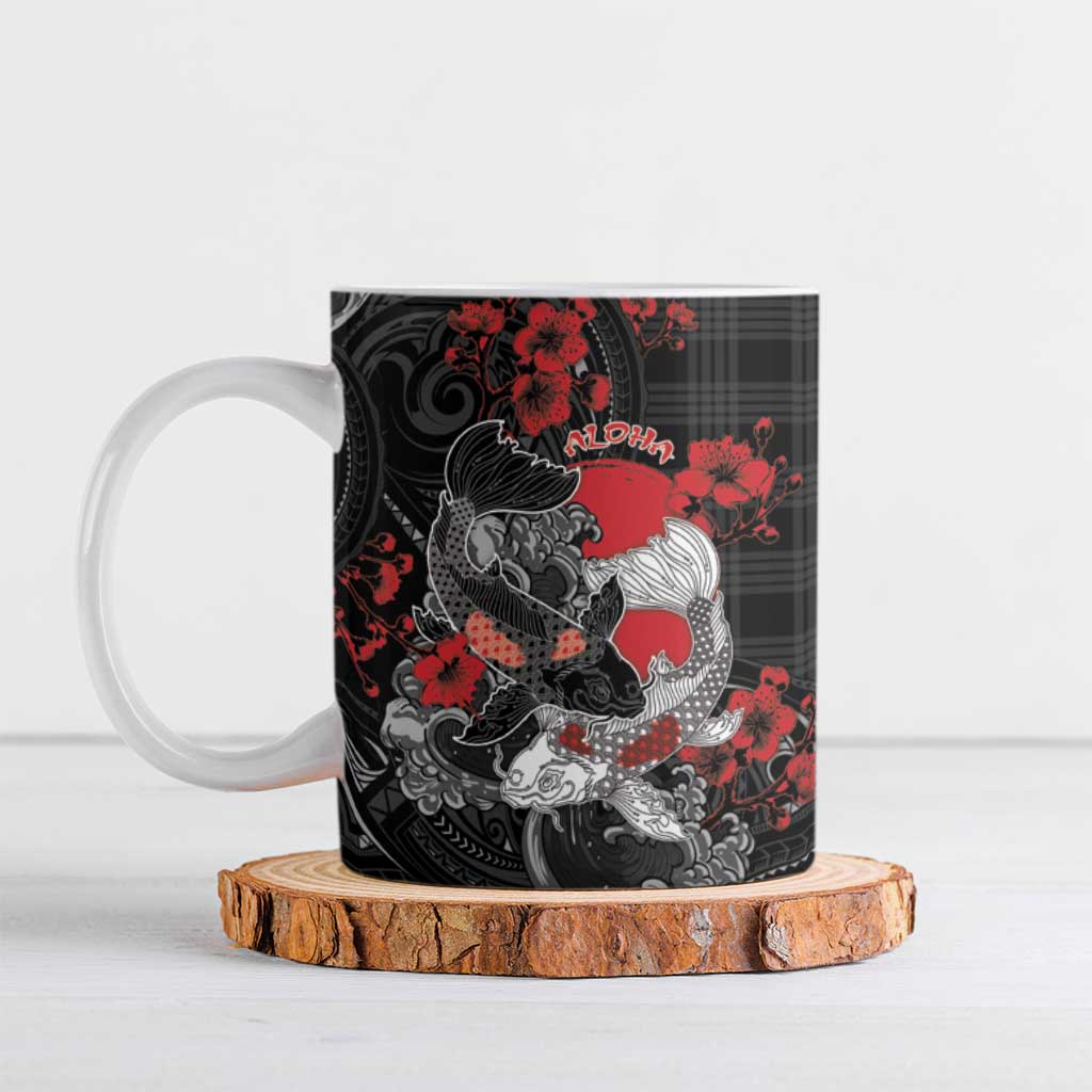Personalised Hawaiian And Japanese Ceramic Mug Aloha Koi Fish Palaka Patterns DT05 Black - Polynesian Pride