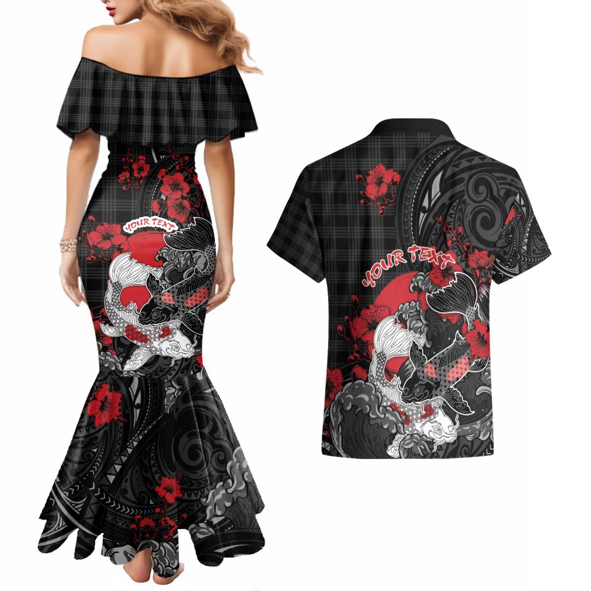 Personalised Hawaiian And Japanese Couples Matching Mermaid Dress and Hawaiian Shirt Aloha Koi Fish Palaka Patterns - Polynesian Pride