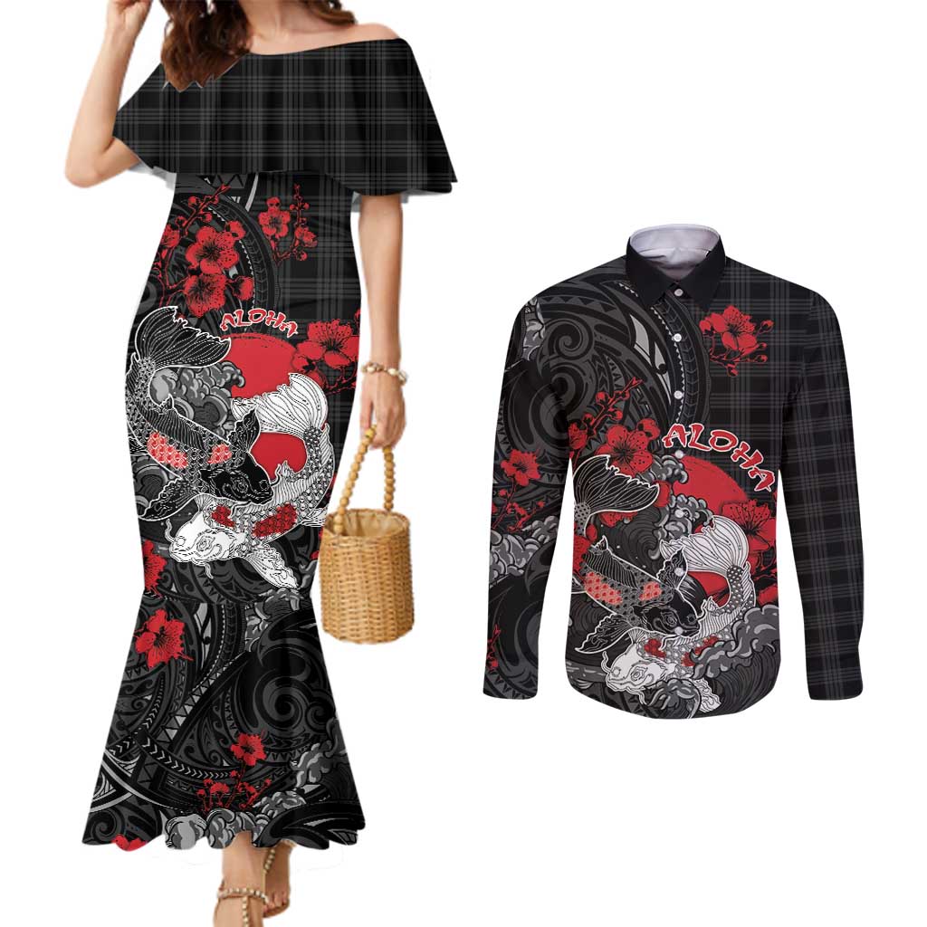 Personalised Hawaiian And Japanese Couples Matching Mermaid Dress and Long Sleeve Button Shirt Aloha Koi Fish Palaka Patterns - Polynesian Pride