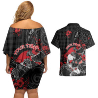 Personalised Hawaiian And Japanese Couples Matching Off Shoulder Short Dress and Hawaiian Shirt Aloha Koi Fish Palaka Patterns - Polynesian Pride