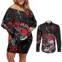 Personalised Hawaiian And Japanese Couples Matching Off Shoulder Short Dress and Long Sleeve Button Shirt Aloha Koi Fish Palaka Patterns - Polynesian Pride