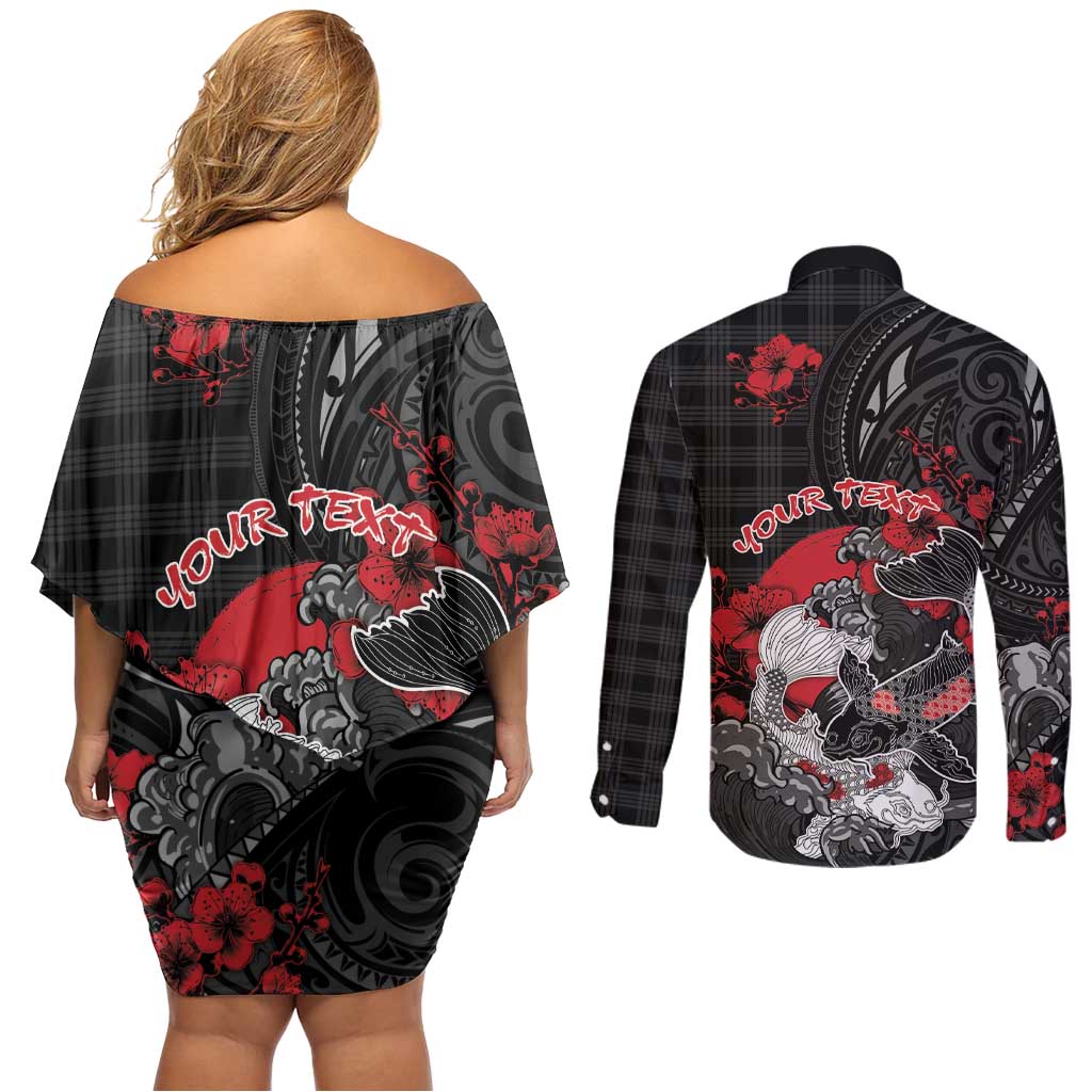 Personalised Hawaiian And Japanese Couples Matching Off Shoulder Short Dress and Long Sleeve Button Shirt Aloha Koi Fish Palaka Patterns - Polynesian Pride