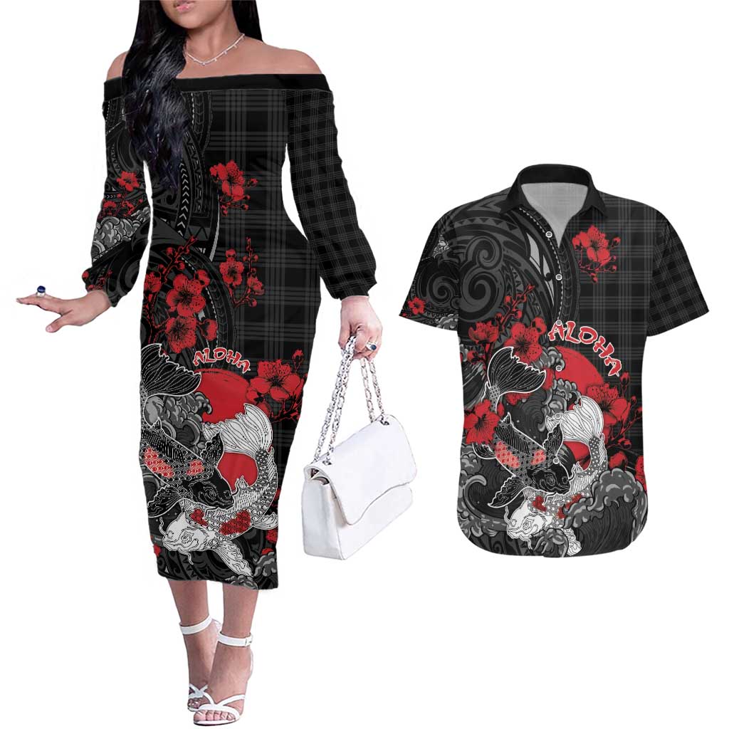 Personalised Hawaiian And Japanese Couples Matching Off The Shoulder Long Sleeve Dress and Hawaiian Shirt Aloha Koi Fish Palaka Patterns - Polynesian Pride