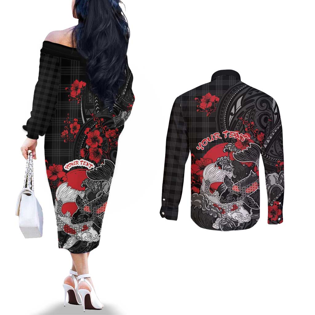 Personalised Hawaiian And Japanese Couples Matching Off The Shoulder Long Sleeve Dress and Long Sleeve Button Shirt Aloha Koi Fish Palaka Patterns - Polynesian Pride