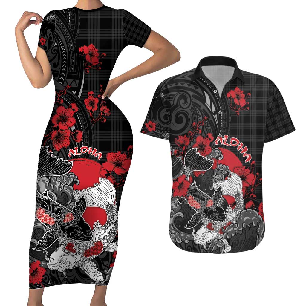 Personalised Hawaiian And Japanese Couples Matching Short Sleeve Bodycon Dress and Hawaiian Shirt Aloha Koi Fish Palaka Patterns - Polynesian Pride