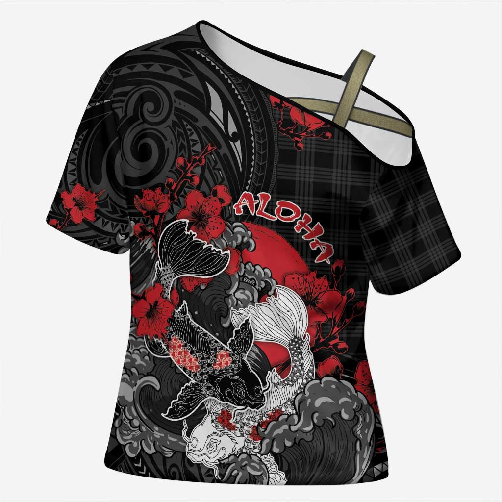 Personalised Hawaiian And Japanese Cross Shoulder Shirt Aloha Koi Fish Palaka Patterns DT05 Female Black - Polynesian Pride