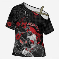 Personalised Hawaiian And Japanese Cross Shoulder Shirt Aloha Koi Fish Palaka Patterns DT05 Female Black - Polynesian Pride