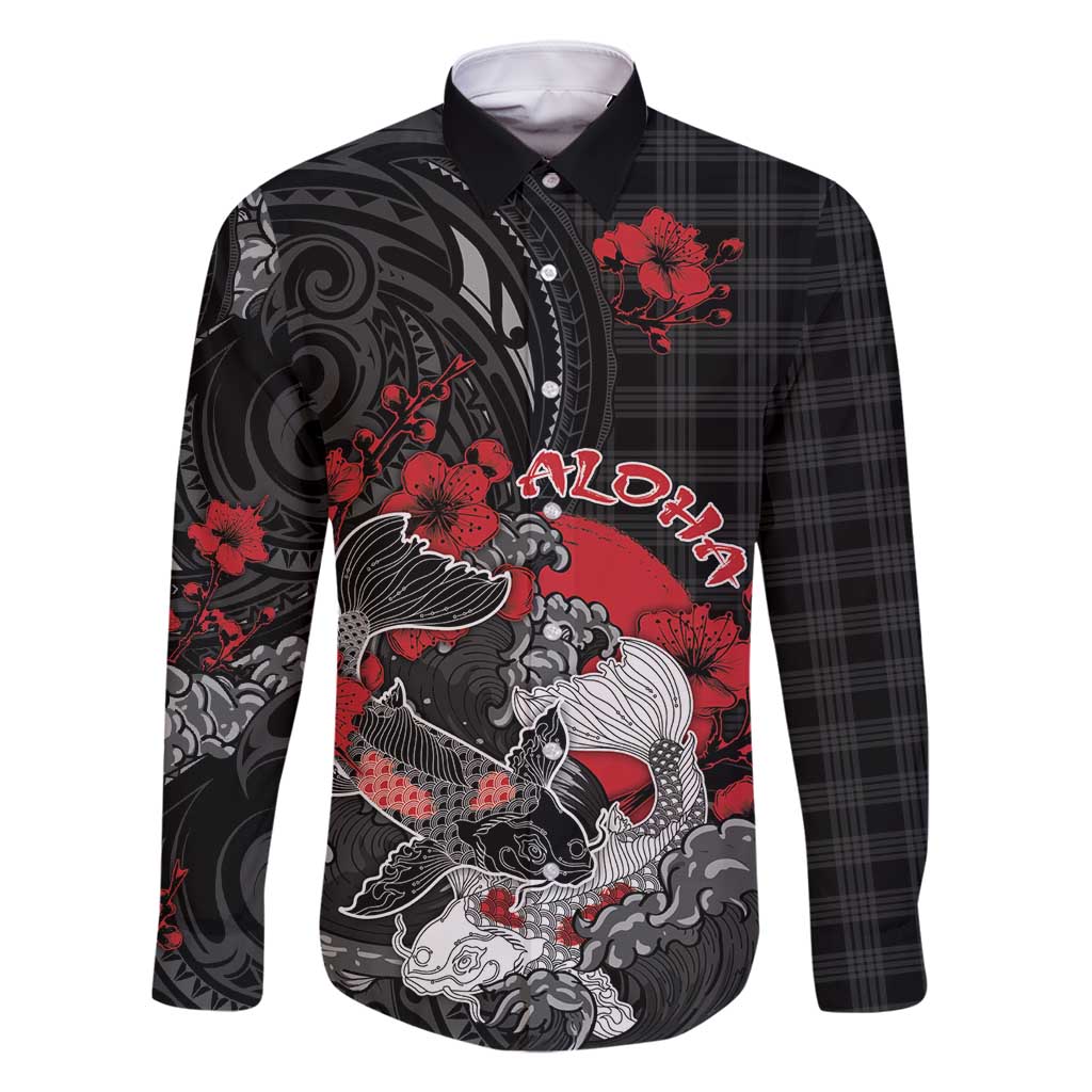 Personalised Hawaiian And Japanese Family Matching Long Sleeve Bodycon Dress and Hawaiian Shirt Aloha Koi Fish Palaka Patterns - Polynesian Pride