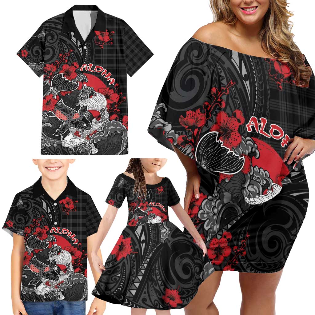 Personalised Hawaiian And Japanese Family Matching Off Shoulder Short Dress and Hawaiian Shirt Aloha Koi Fish Palaka Patterns - Polynesian Pride