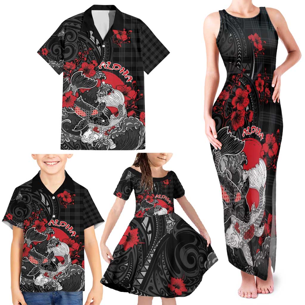 Personalised Hawaiian And Japanese Family Matching Tank Maxi Dress and Hawaiian Shirt Aloha Koi Fish Palaka Patterns - Polynesian Pride