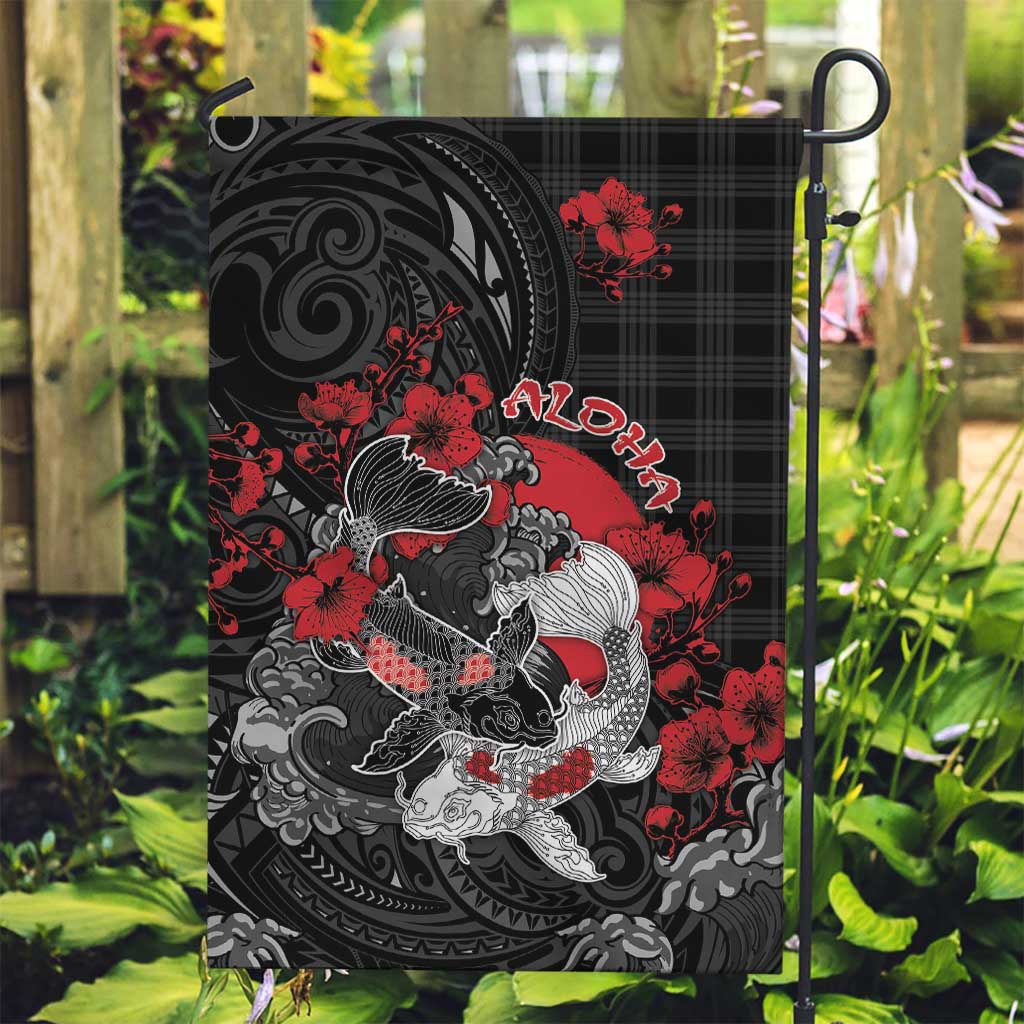 Hawaiian And Japanese Garden Flag Aloha Koi Fish Palaka Patterns - Polynesian Pride