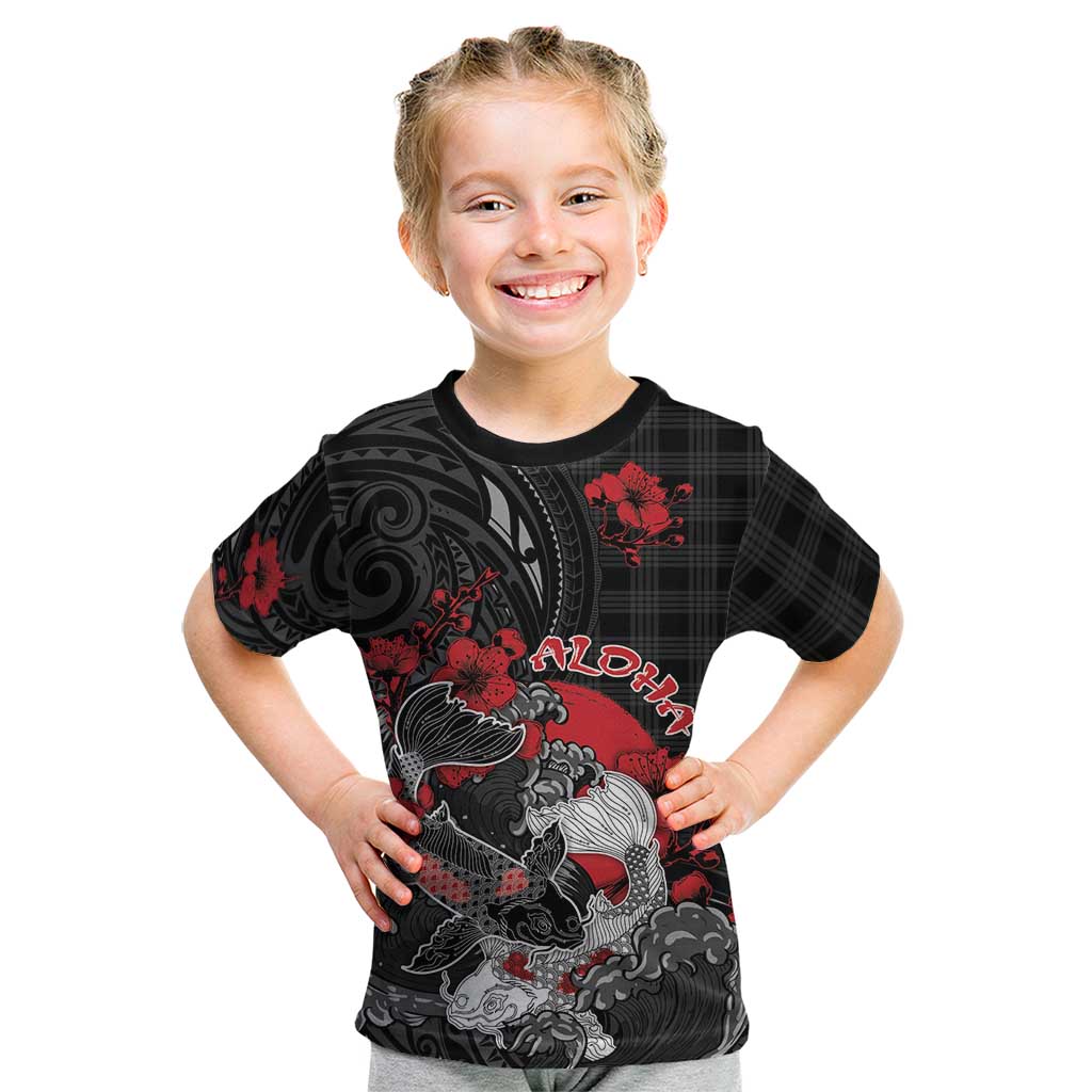 Personalised Hawaiian And Japanese Kid T Shirt Aloha Koi Fish Palaka Patterns DT05 Black - Polynesian Pride