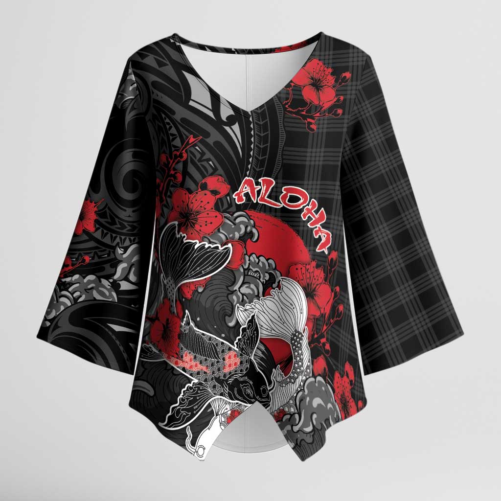Personalised Hawaiian And Japanese Kimono Sleeve Blouse Aloha Koi Fish Palaka Patterns DT05 Female Black - Polynesian Pride