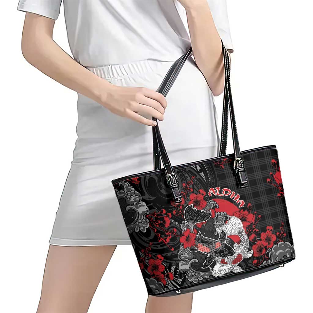 Hawaiian And Japanese Leather Tote Bag Aloha Koi Fish Palaka Patterns - Polynesian Pride