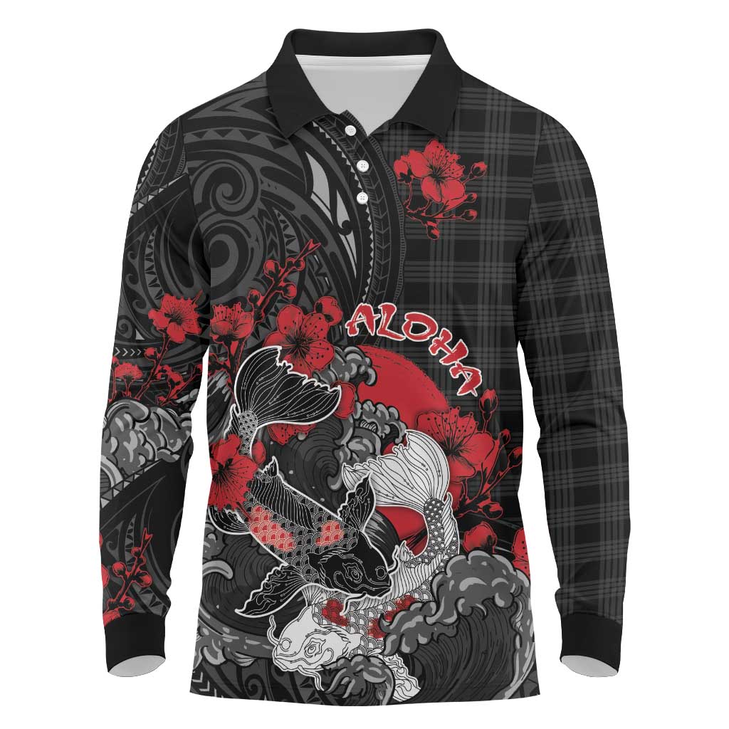 Personalised Hawaiian And Japanese Long Sleeve Polo Shirt Aloha Koi Fish Palaka Patterns - Polynesian Pride