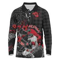 Personalised Hawaiian And Japanese Long Sleeve Polo Shirt Aloha Koi Fish Palaka Patterns DT05 Black - Polynesian Pride