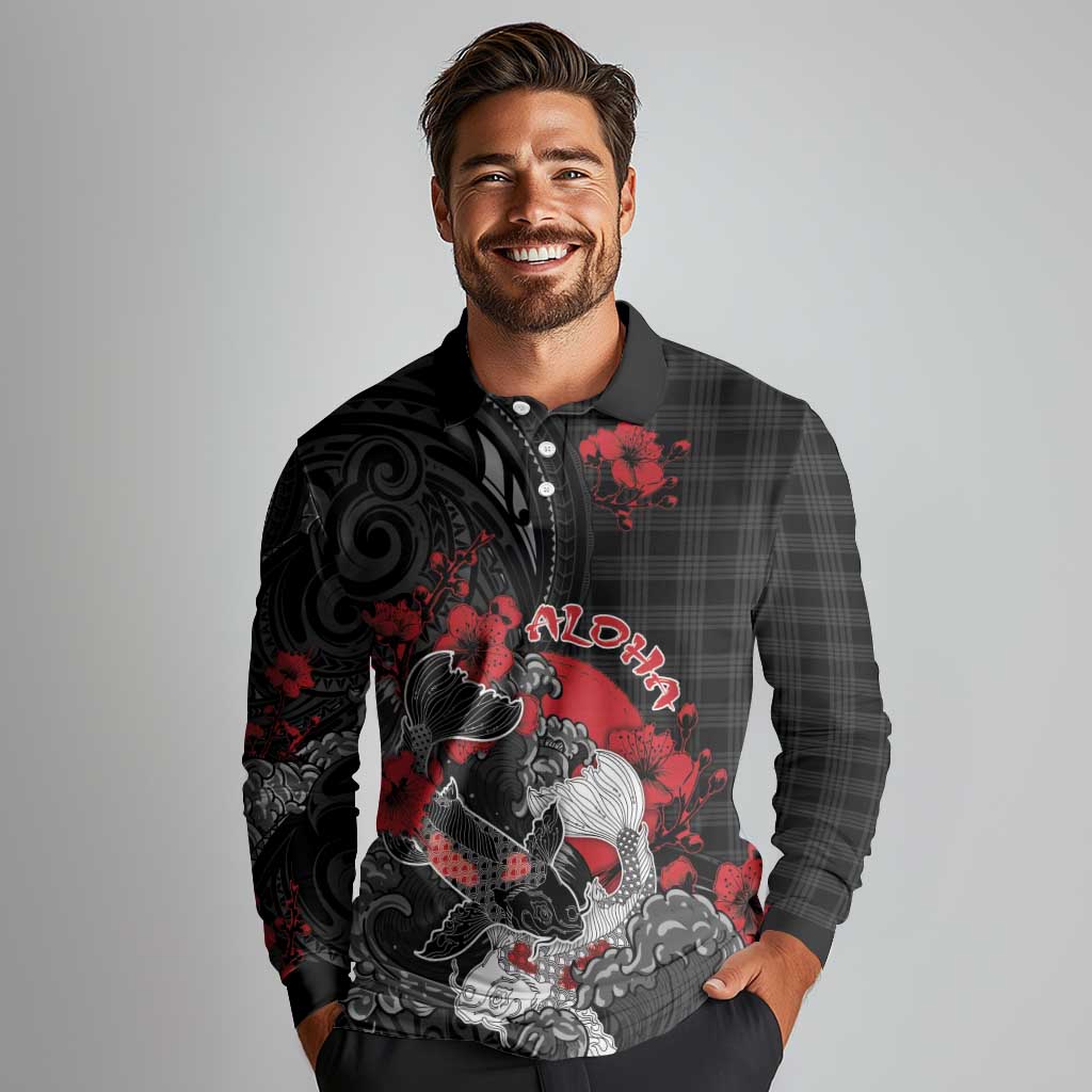 Personalised Hawaiian And Japanese Long Sleeve Polo Shirt Aloha Koi Fish Palaka Patterns DT05 - Polynesian Pride