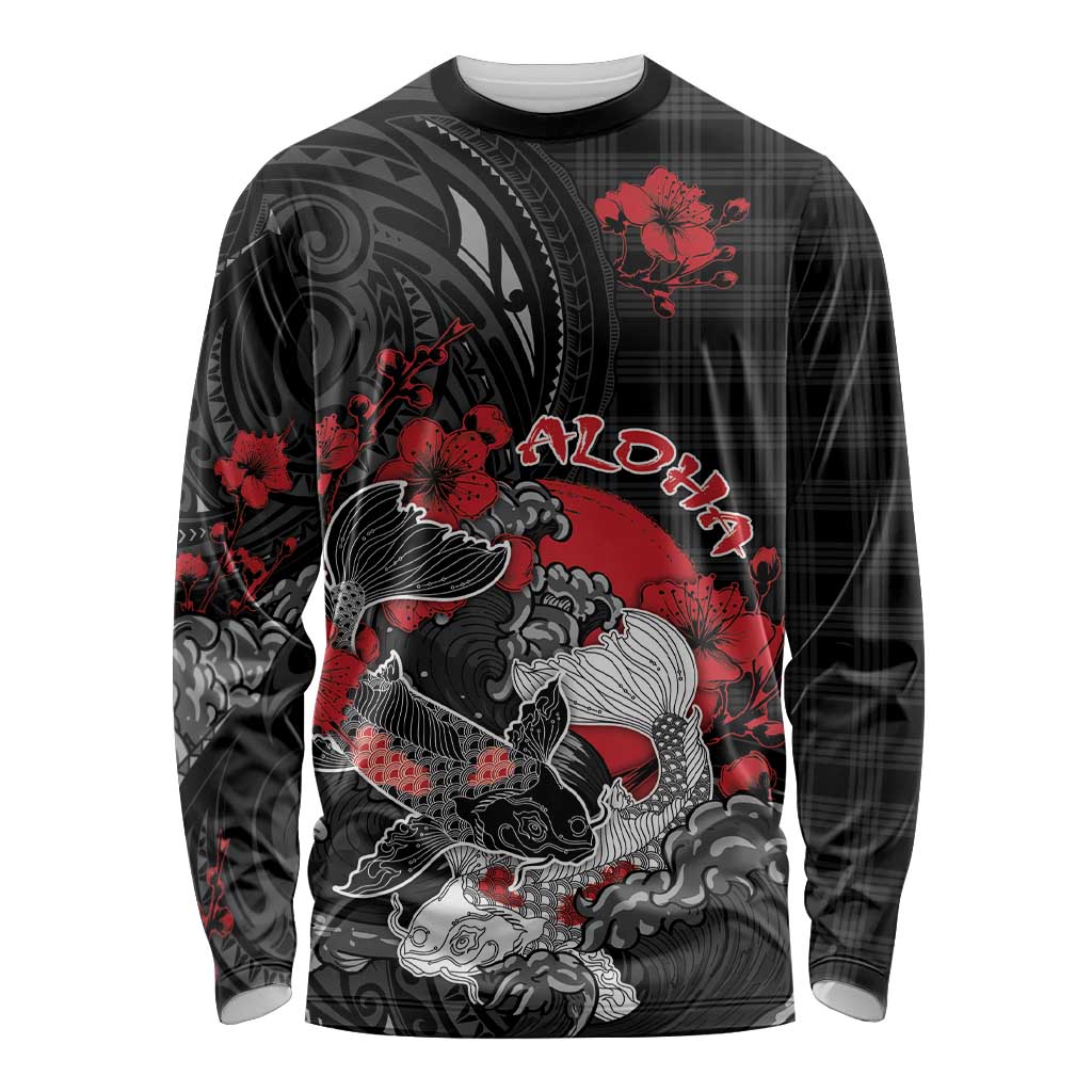 Personalised Hawaiian And Japanese Long Sleeve Shirt Aloha Koi Fish Palaka Patterns DT05 Unisex Black - Polynesian Pride